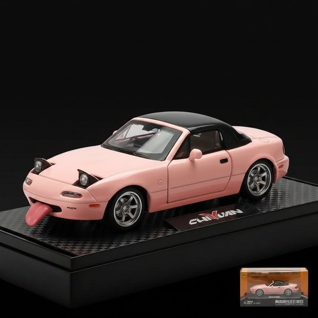 Mazda MX-5 rosa con caja